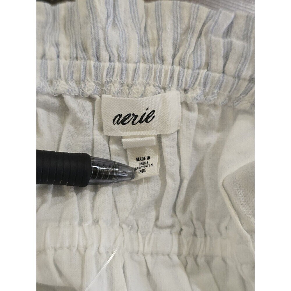 AERIE Button Front Crop Top Size M Striped Smocked Shoulder Tie Prairie Coquette - Picture 8 of 11